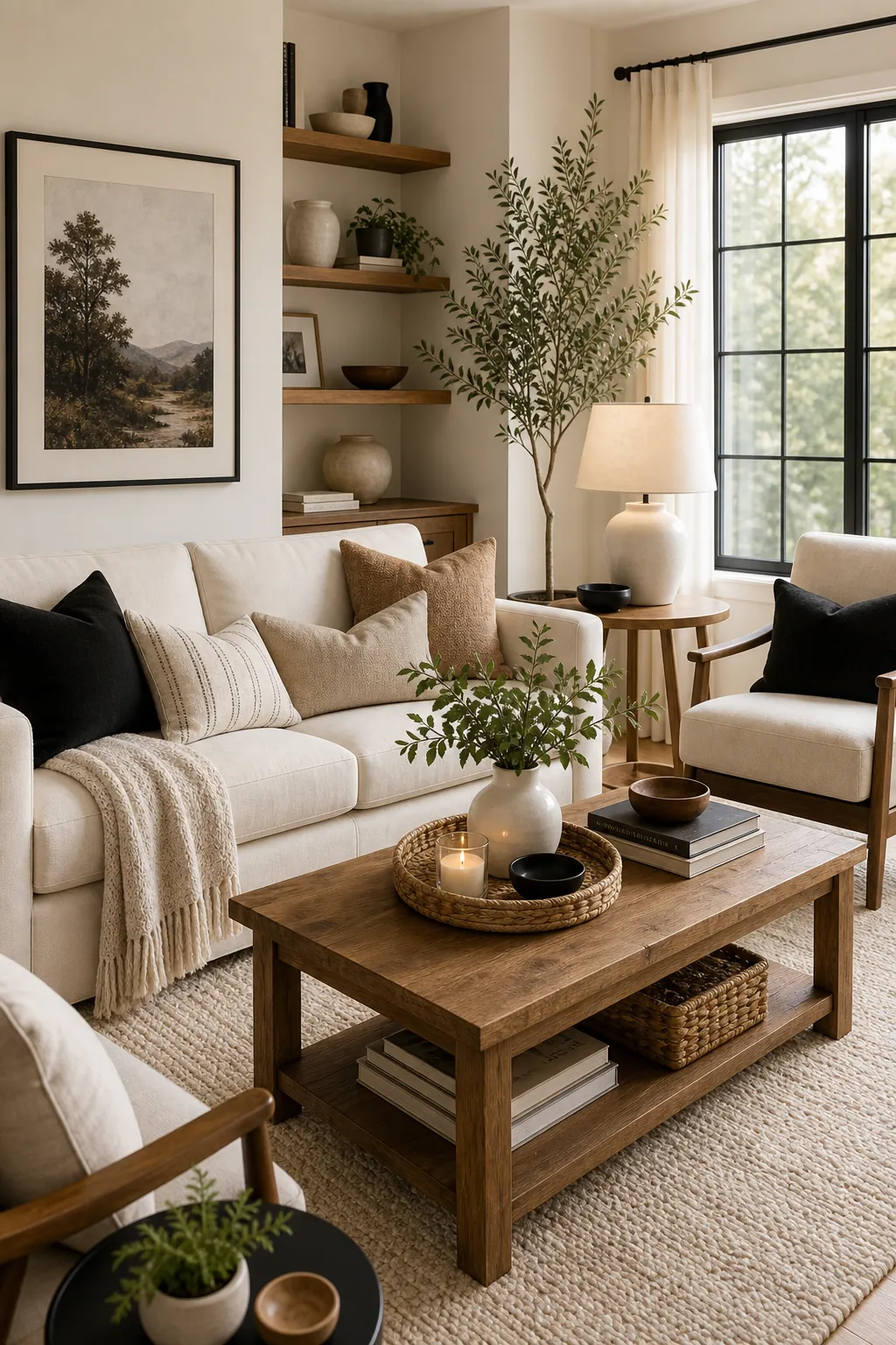 Warm white living room with black accents and natural wood table
