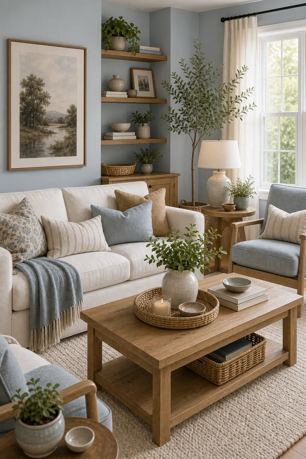 Pale blue living room with cream sofa and oak furniture
