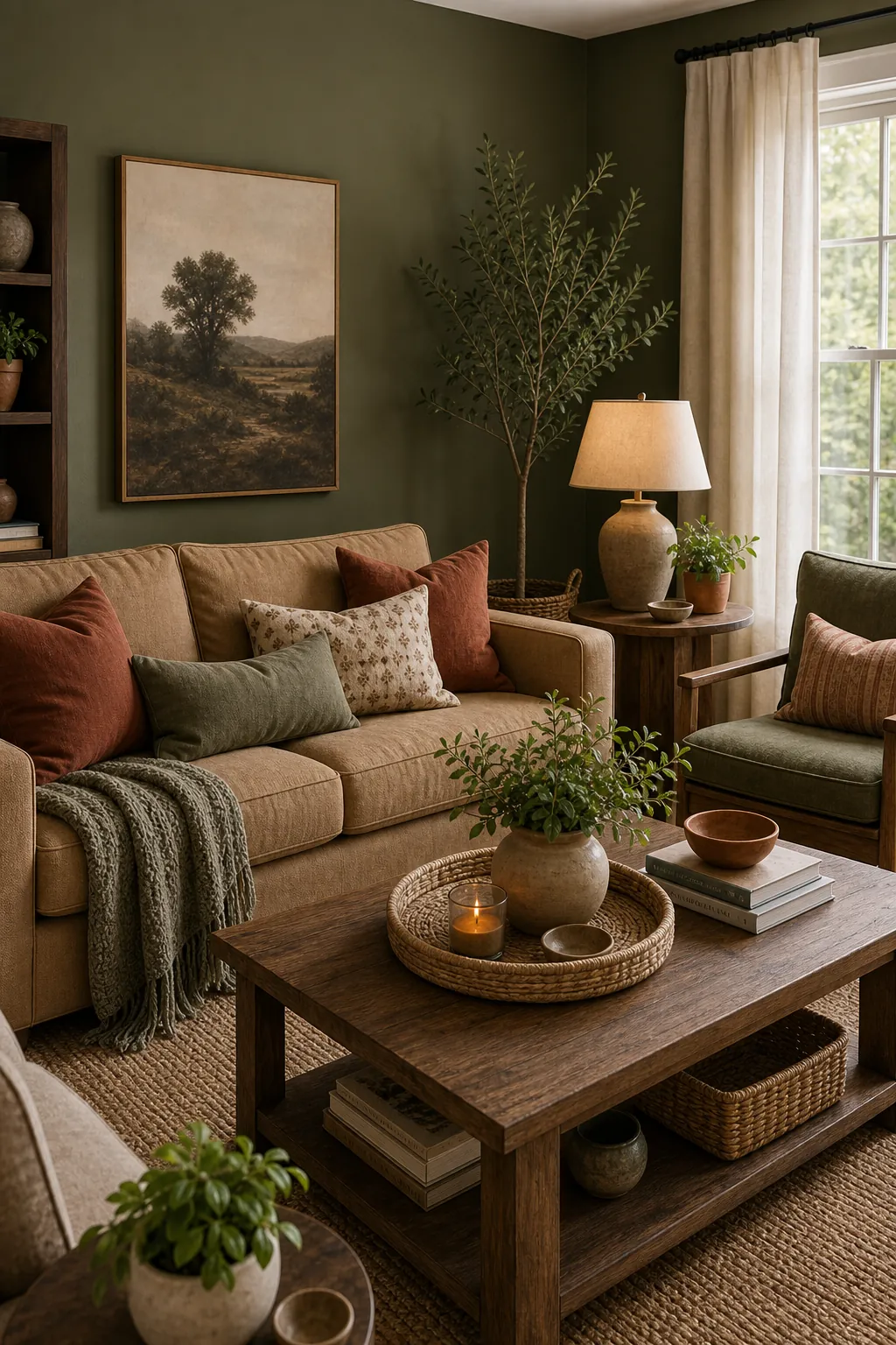 Earthy green living room with tan sofa and rust pillows