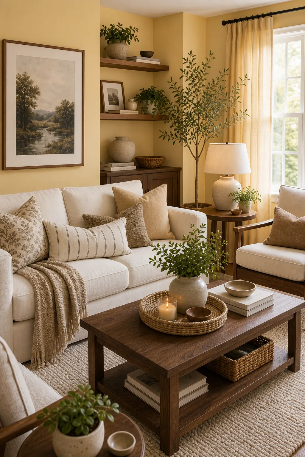 Soft yellow living room with ivory sofa and walnut furniture
