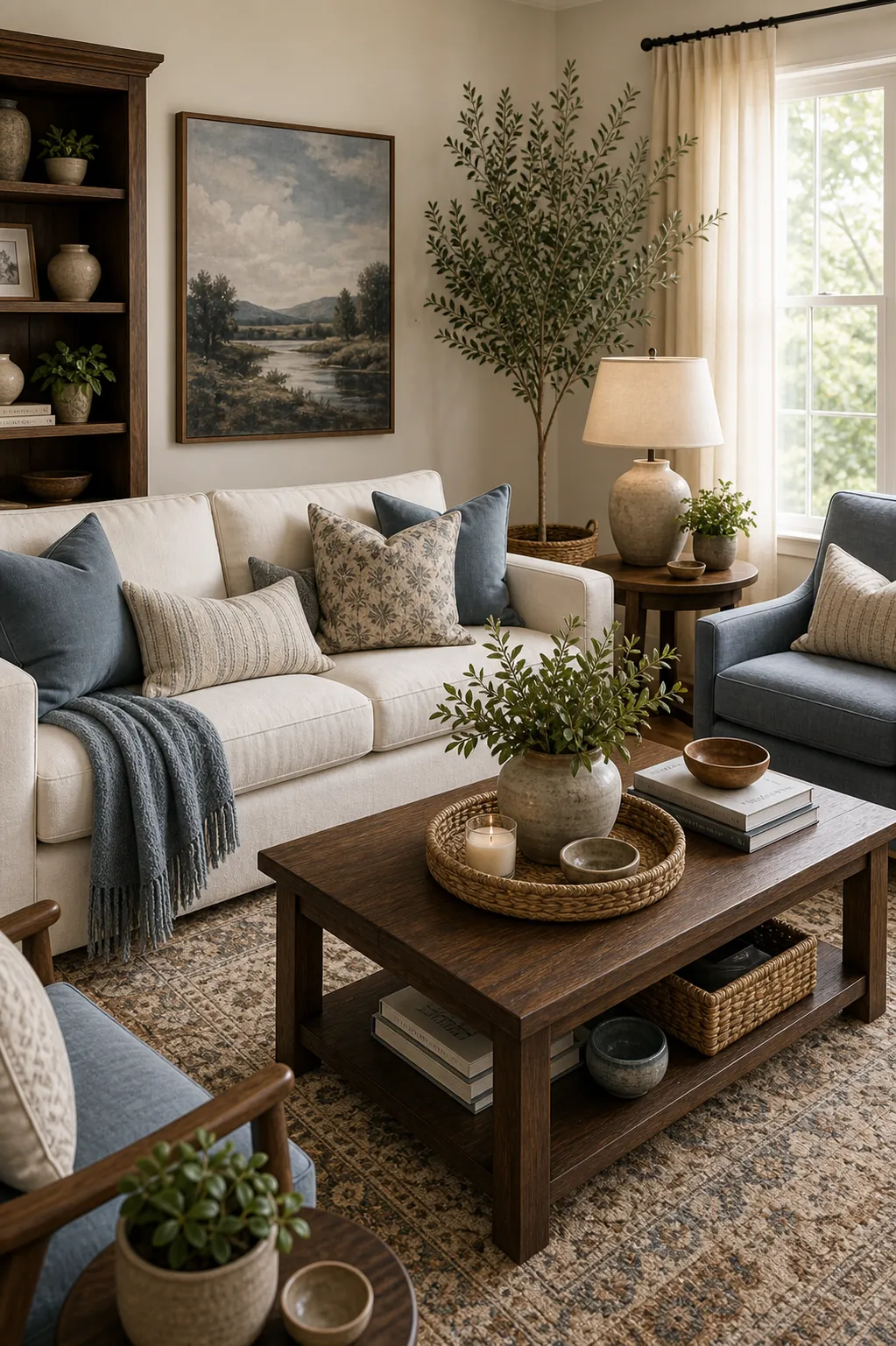 Brown and cream living room with muted blue accents