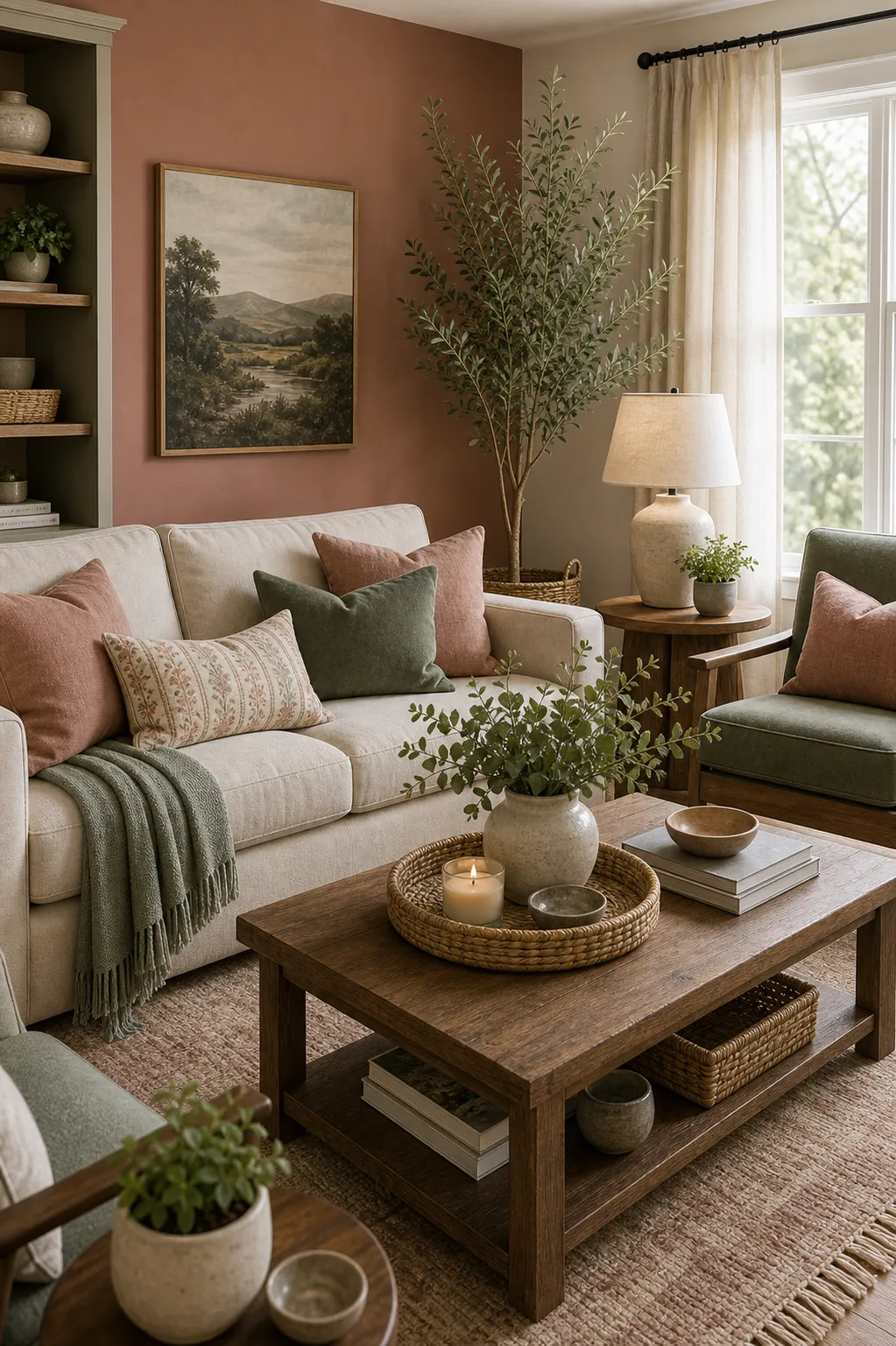 Clay pink and sage living room with oatmeal sofa
