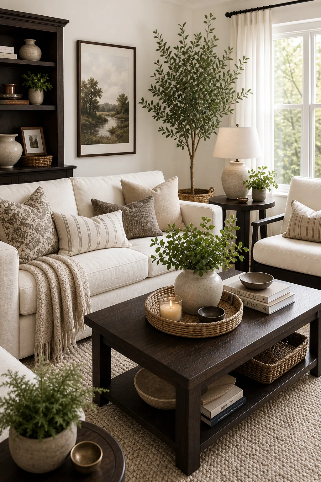Espresso wood living room with ivory upholstery and greenery