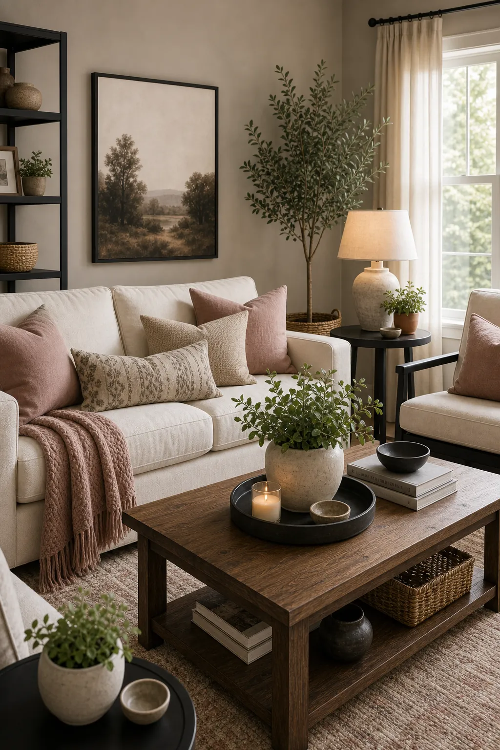 Greige living room with dusty rose accents and black frames