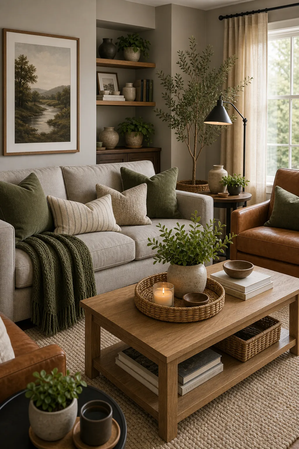 Warm gray living room with moss green pillows and leather chair
