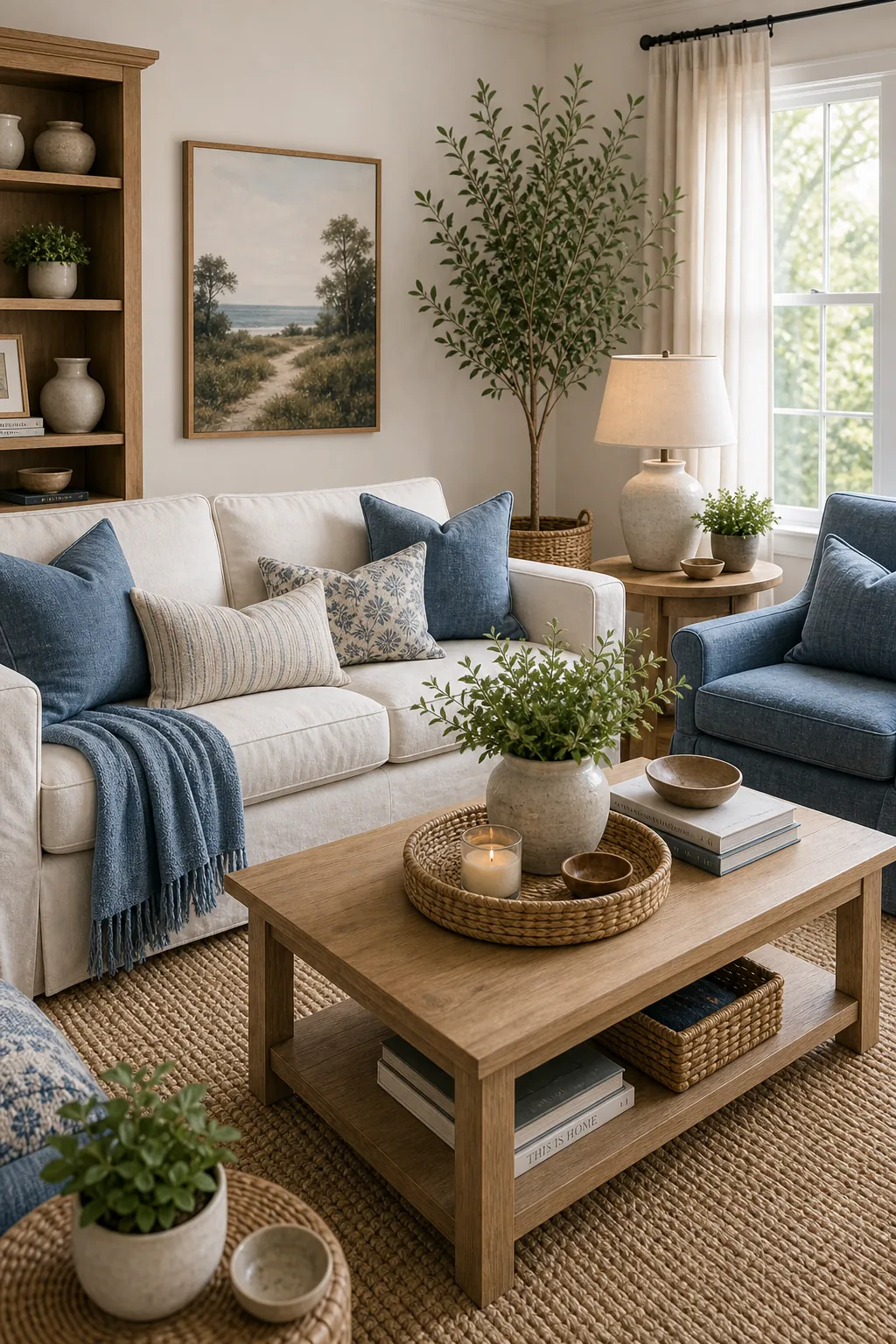 Cream living room with denim blue accents and natural fiber rug