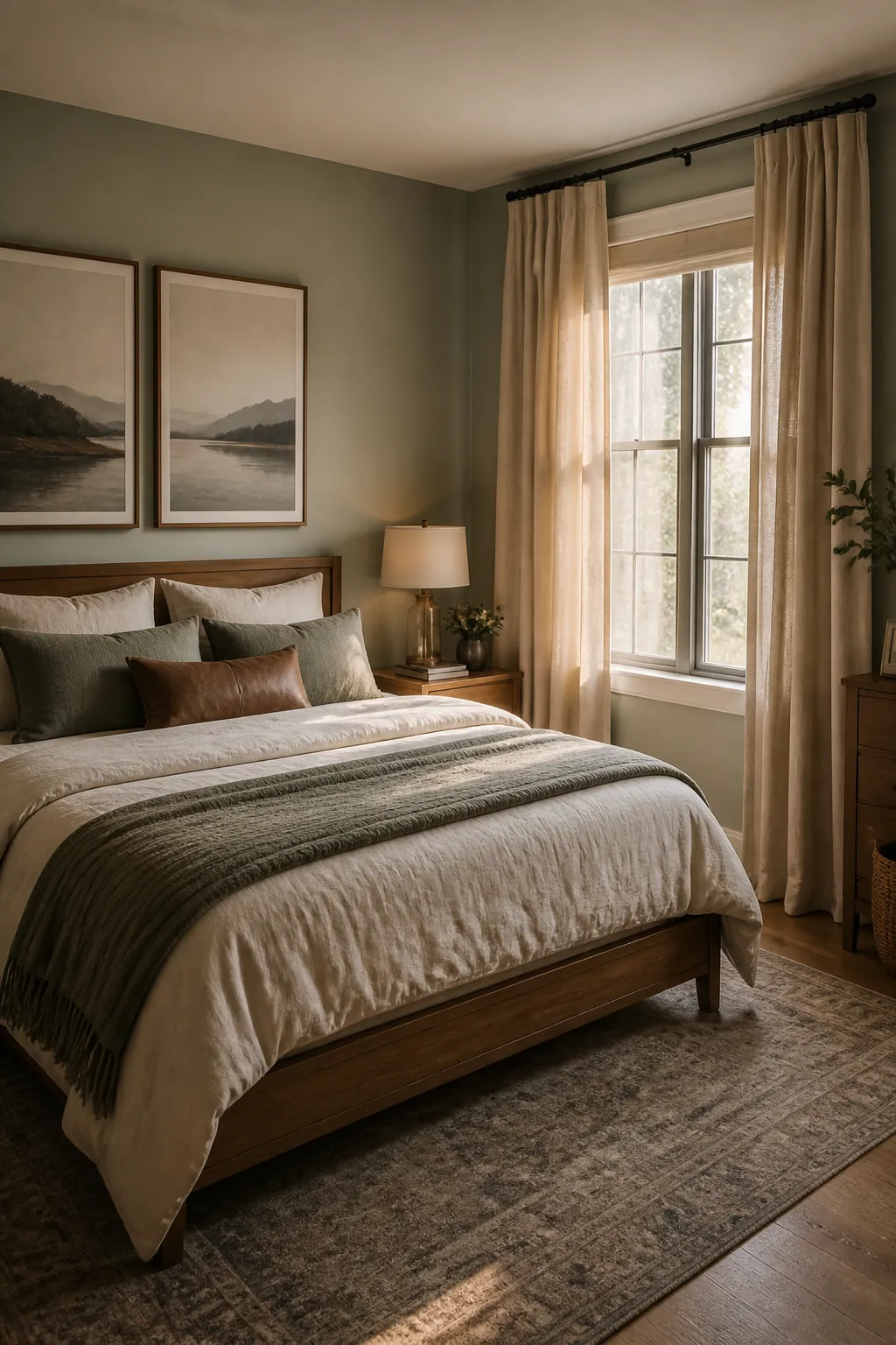 Curtains and wall art anchoring a shared bedroom without replacing the bed