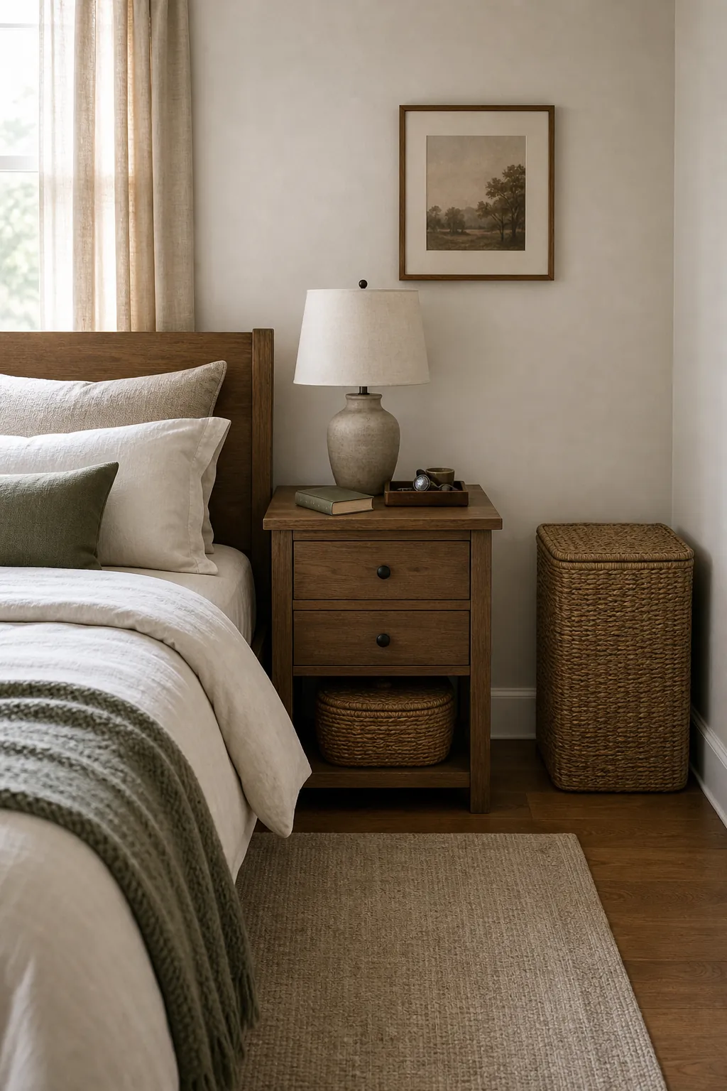 Decluttered bedroom styling around an existing bed