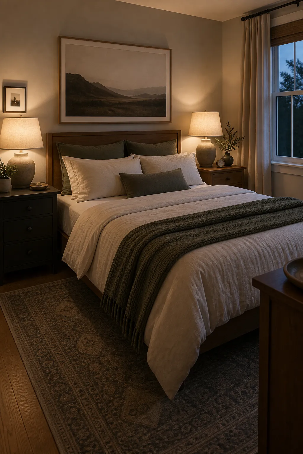Finished shared bedroom refresh with layered bedding and soft lighting