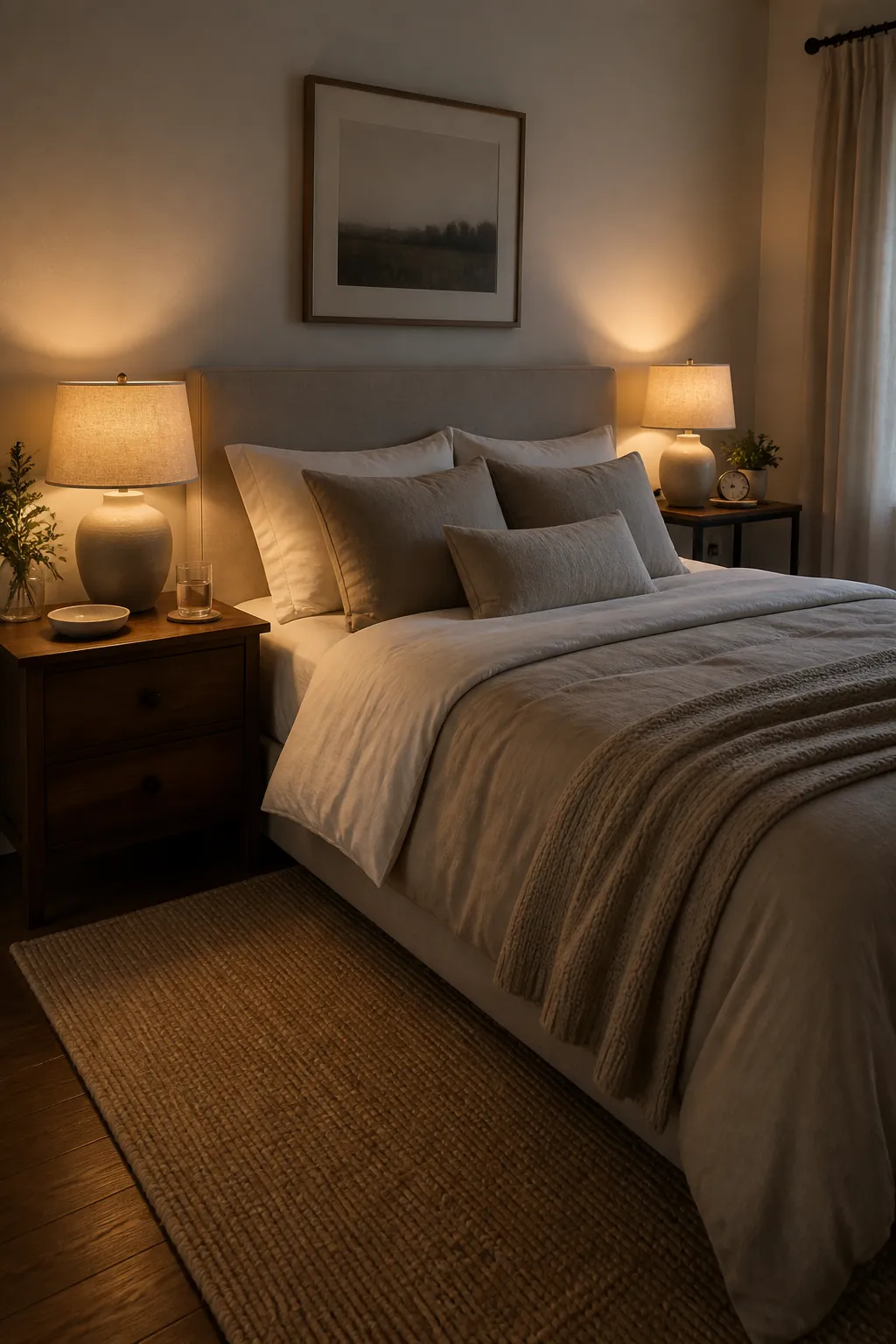Shared bedroom nightstands with warm soft lighting for couples