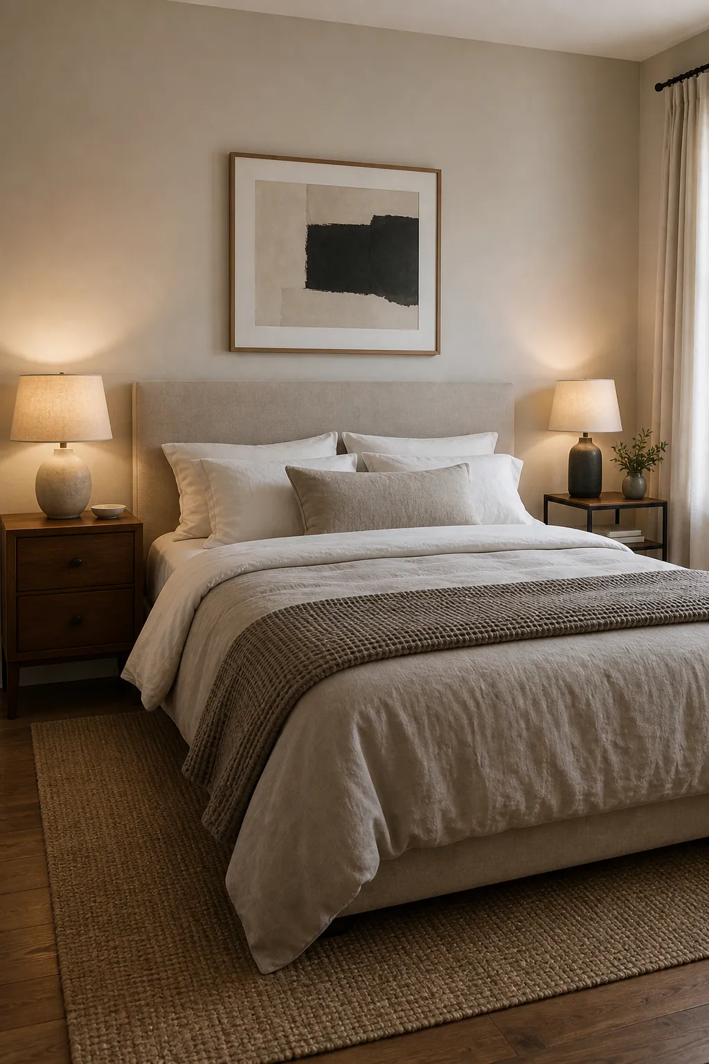 Simple couple bedroom with a balanced bed wall and neutral decor