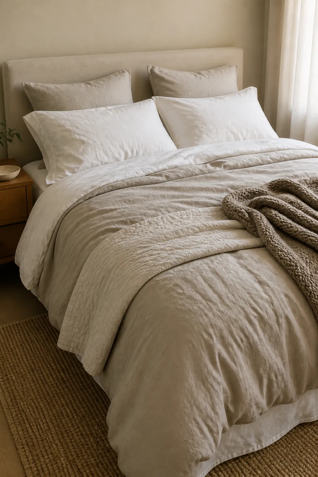 Neutral bedroom with layered bedding and cozy simple styling