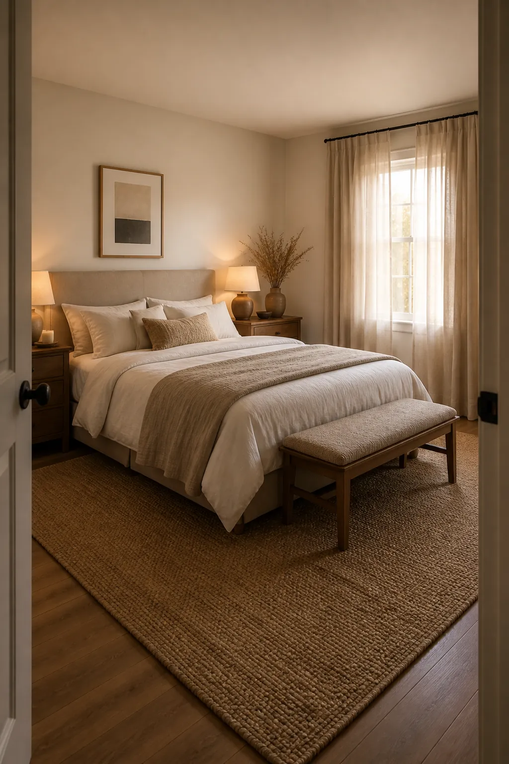 Cozy couple bedroom with neutral rug curtains and soft layered fabric