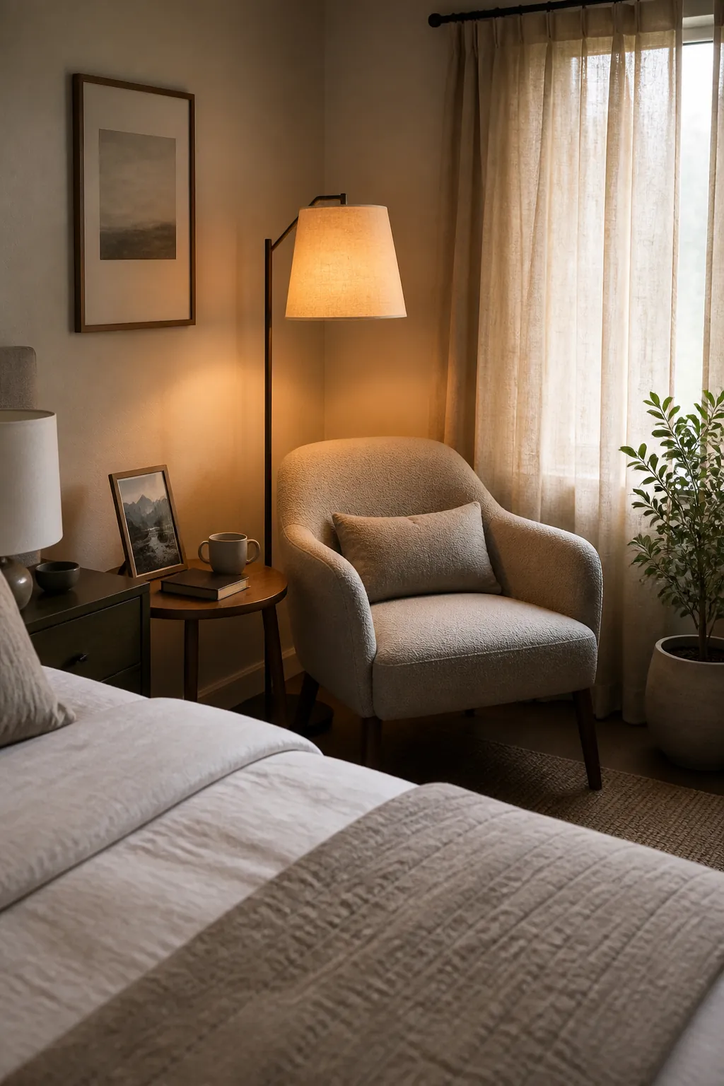 Couple bedroom reading corner with personal decor and soft neutral styling