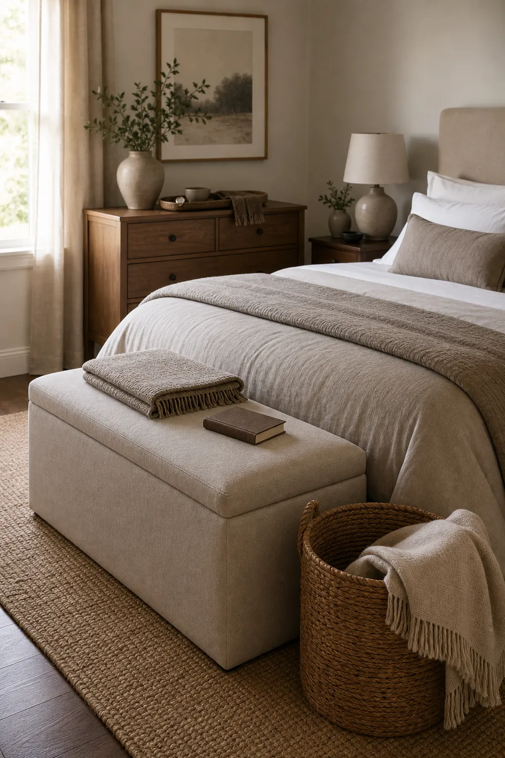 Designed bedroom storage bench and calm shared bedroom organization