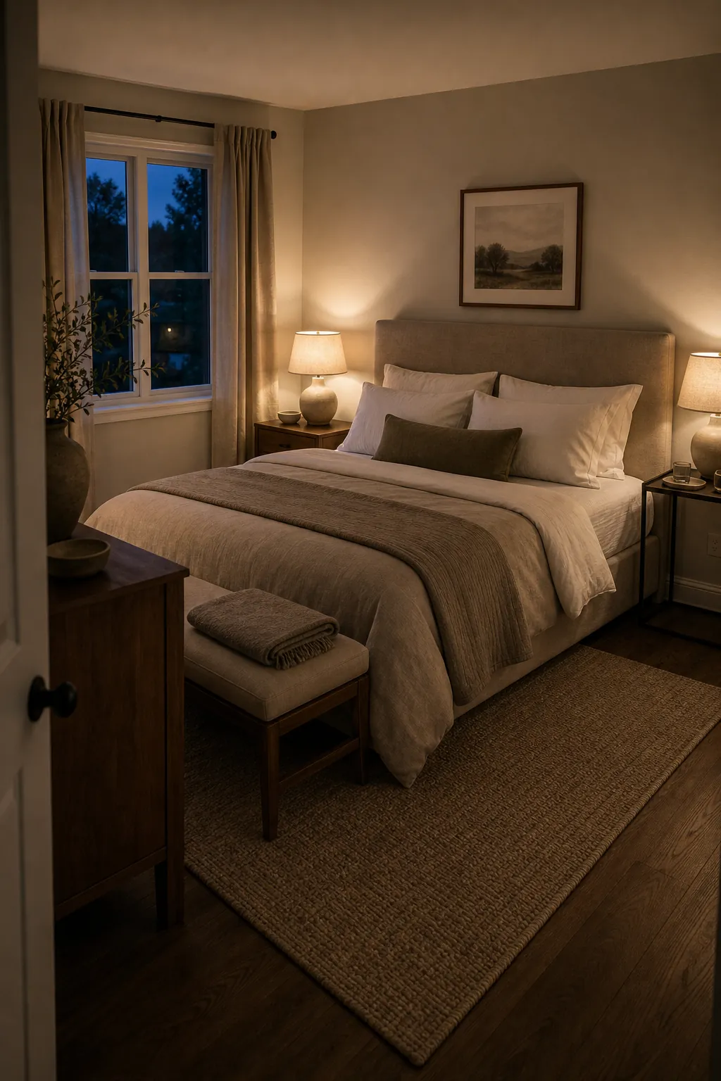 Calm evening bedroom styling with soft lighting layered bedding and neutral decor