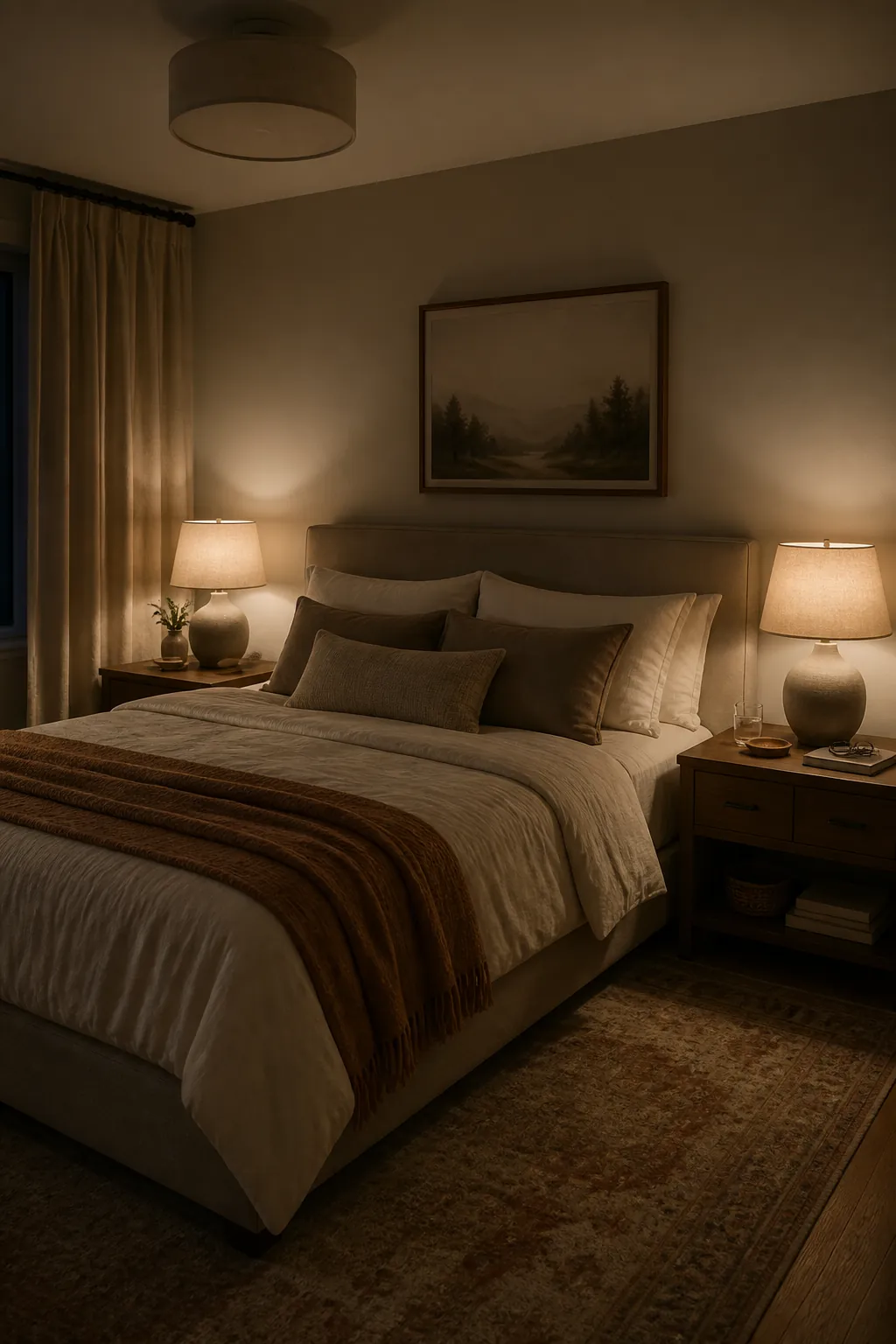 Couple bedroom with warm bedside lamps and layered neutral bedding for a soft nighttime mood