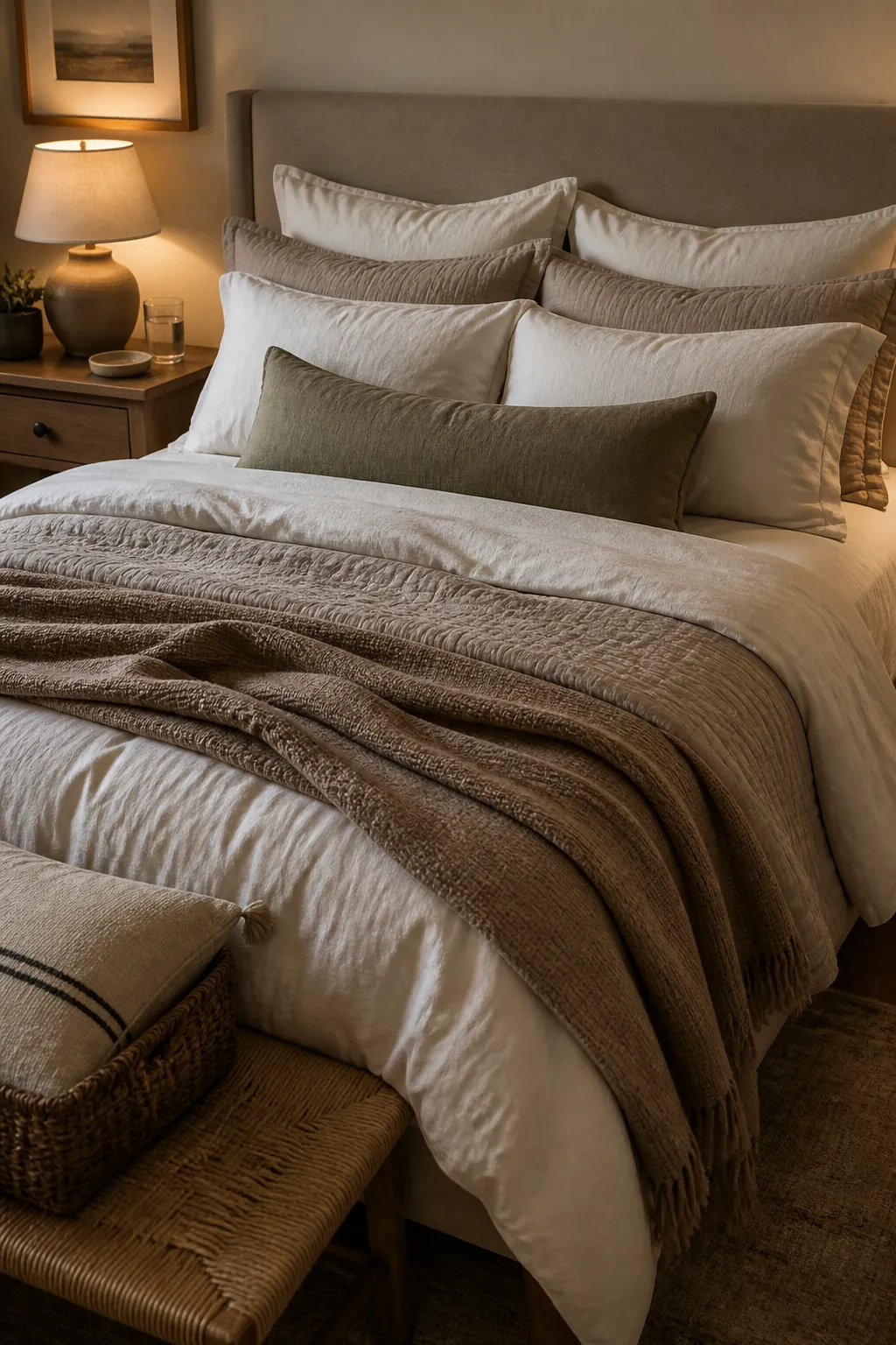 Layered bedding with a neutral throw and simple pillows in a relaxing couple bedroom