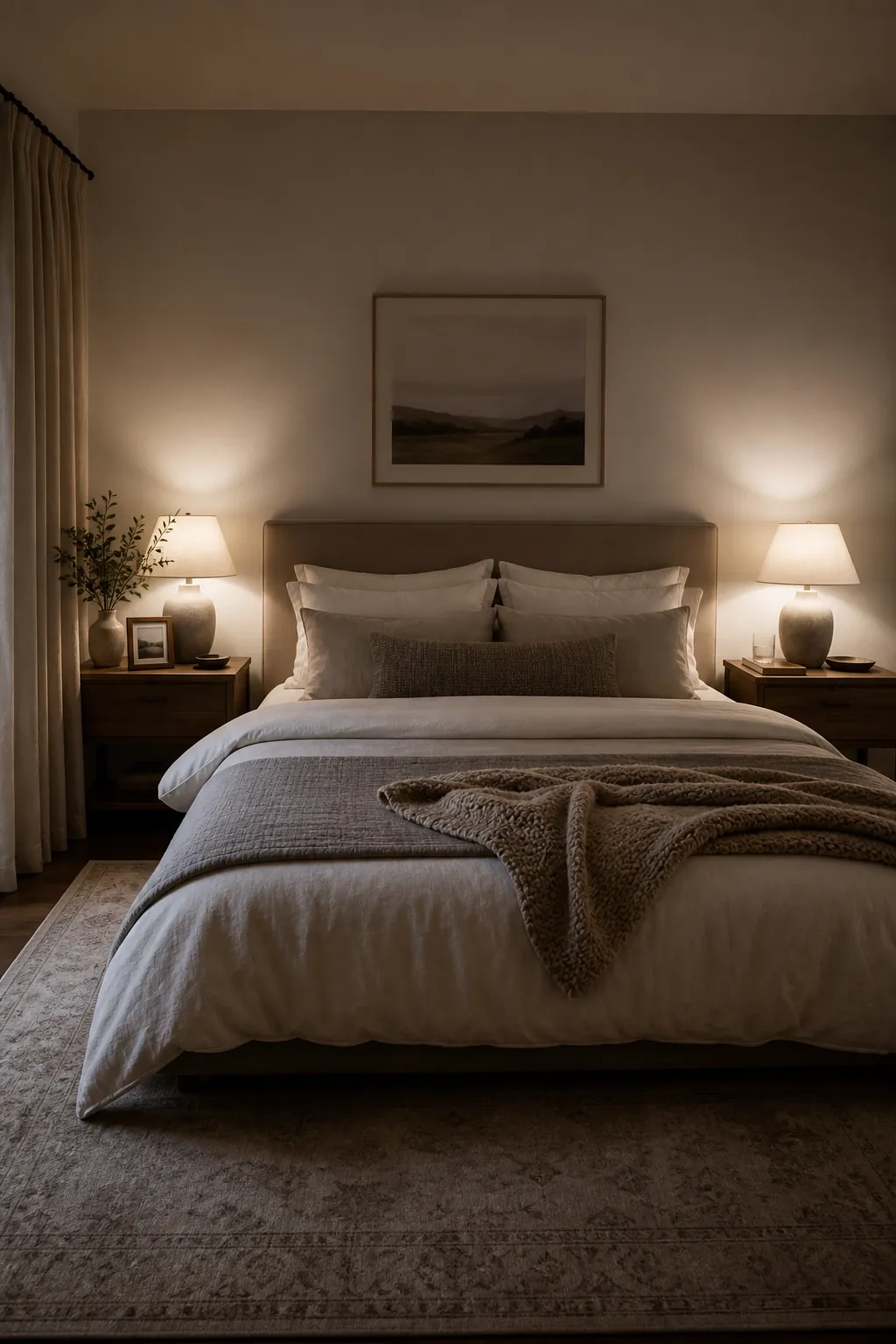 Soft couple bedroom with layered bedding, warm lamps, and calm nighttime decor