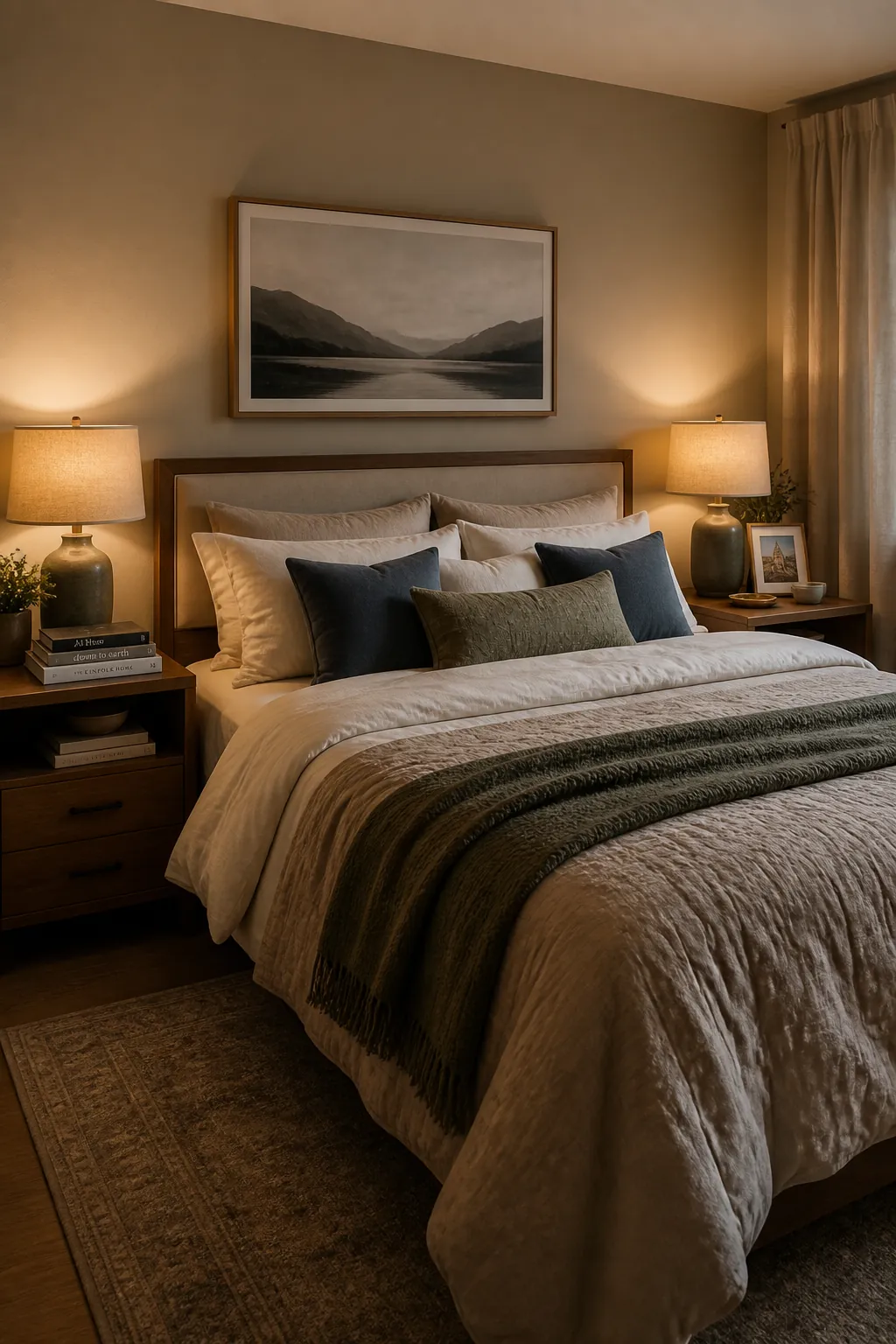 Warm neutral shared bedroom with personal nightstand accents and soft decor