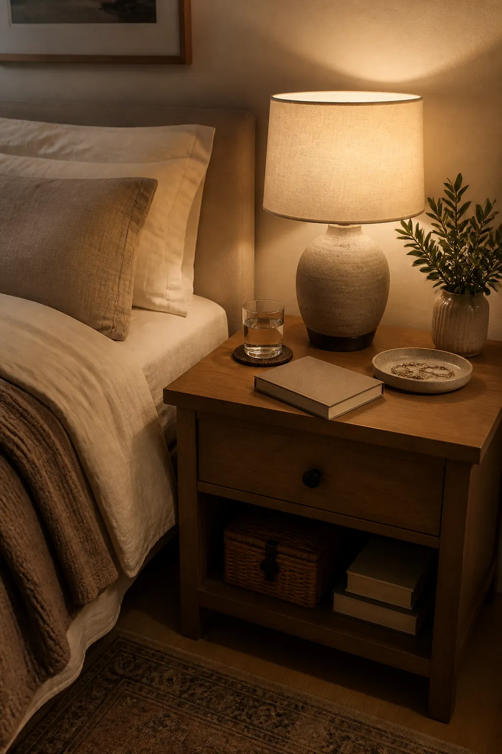 Tidy bedroom nightstand with warm lamp, book, tray, and hidden charging cords