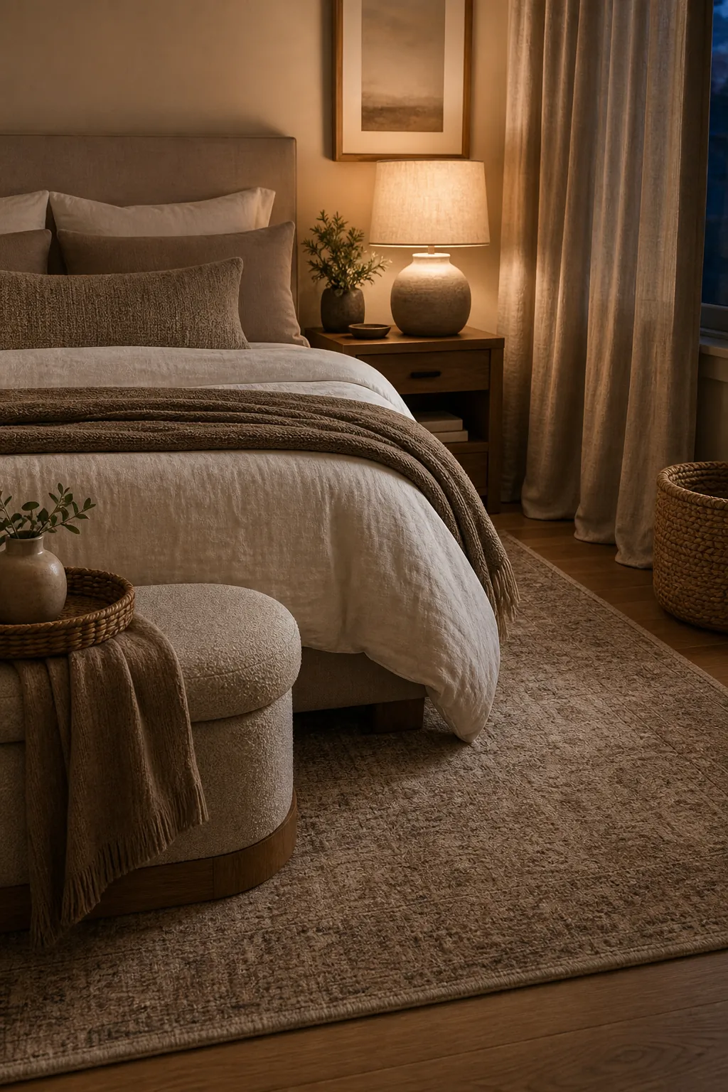 Soft bedroom rug, linen curtains, and rounded decor in a warm couple bedroom