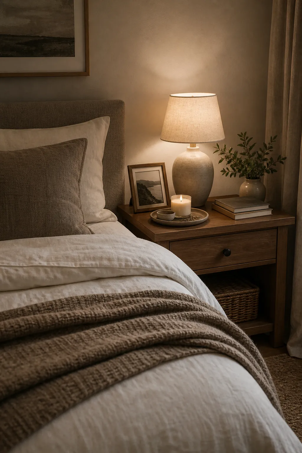 Quiet romantic bedroom decor with framed personal art, candle tray, and warm lamp light