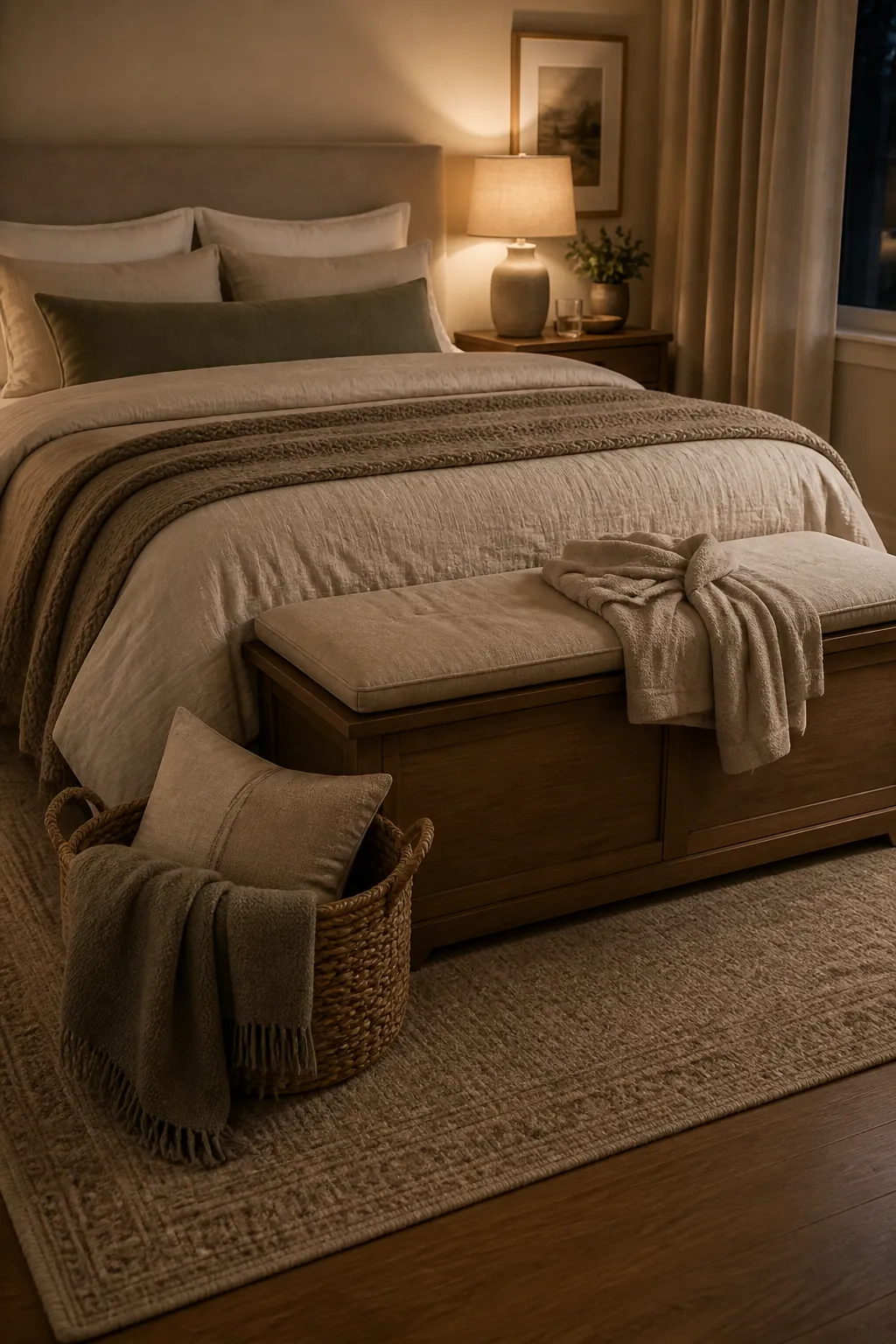 Storage bench and woven basket holding pillows and throws in a cozy shared bedroom