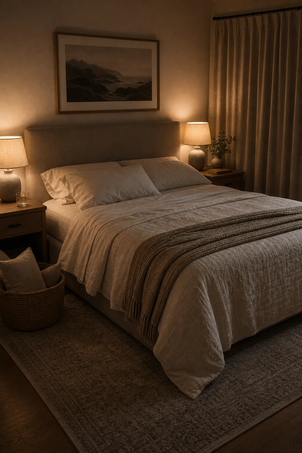 Relaxing couple bedroom at night with dim bedside lighting and neatly folded bedding