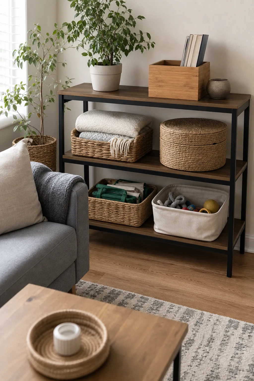 Open shelving with category-based basket storage for blankets, pet items, and reusable bags in a small living room