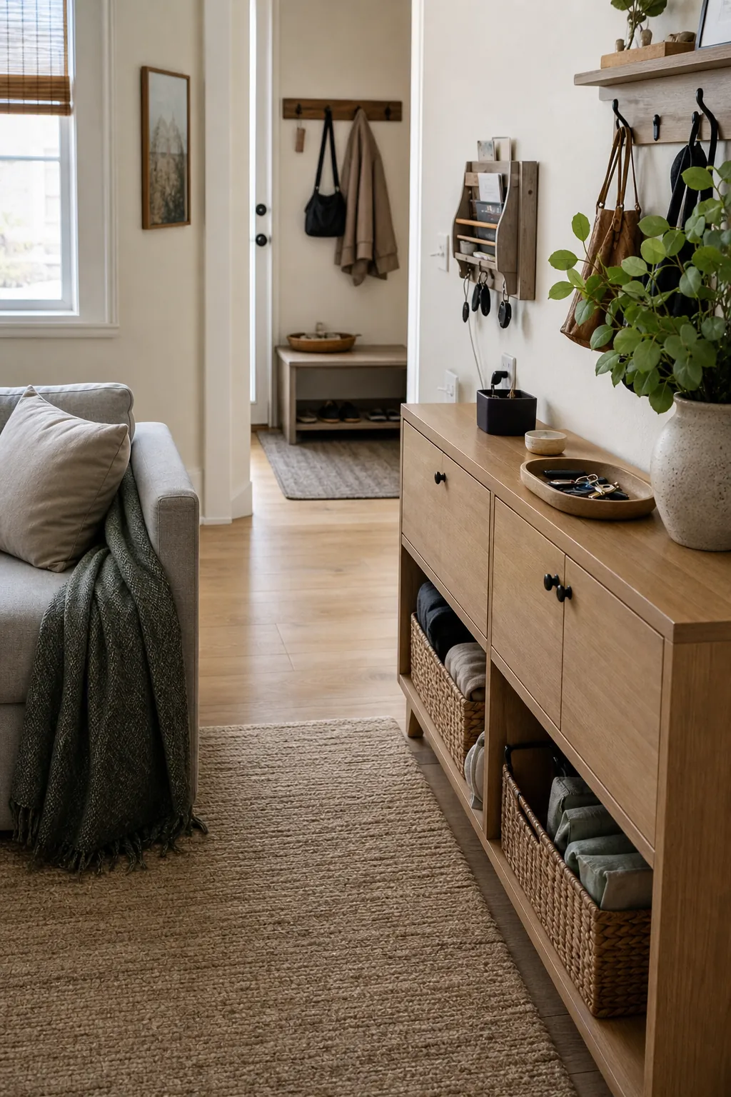 Small home storage system with baskets, hidden cabinets, and tidy everyday item zones