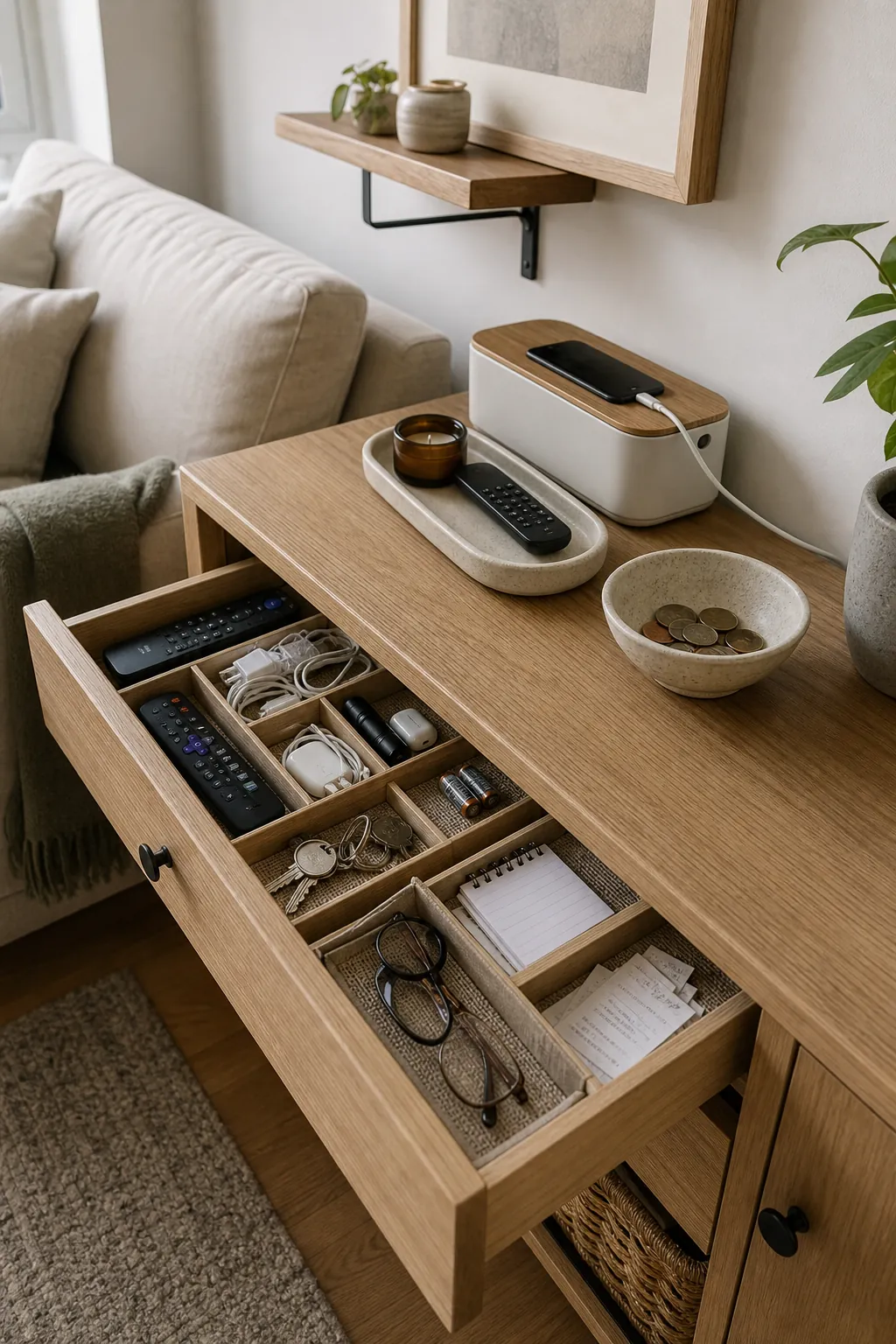 Organized small home sideboard drawer with trays for chargers, keys, remotes, and everyday items