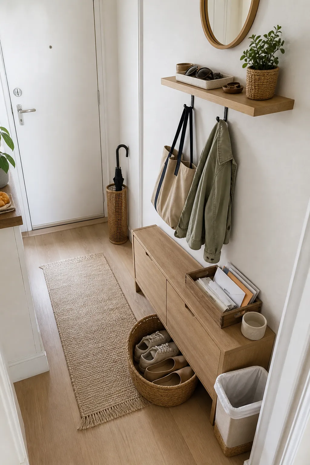 Small home entryway drop zone with hooks, tray, baskets, and hidden shoe storage