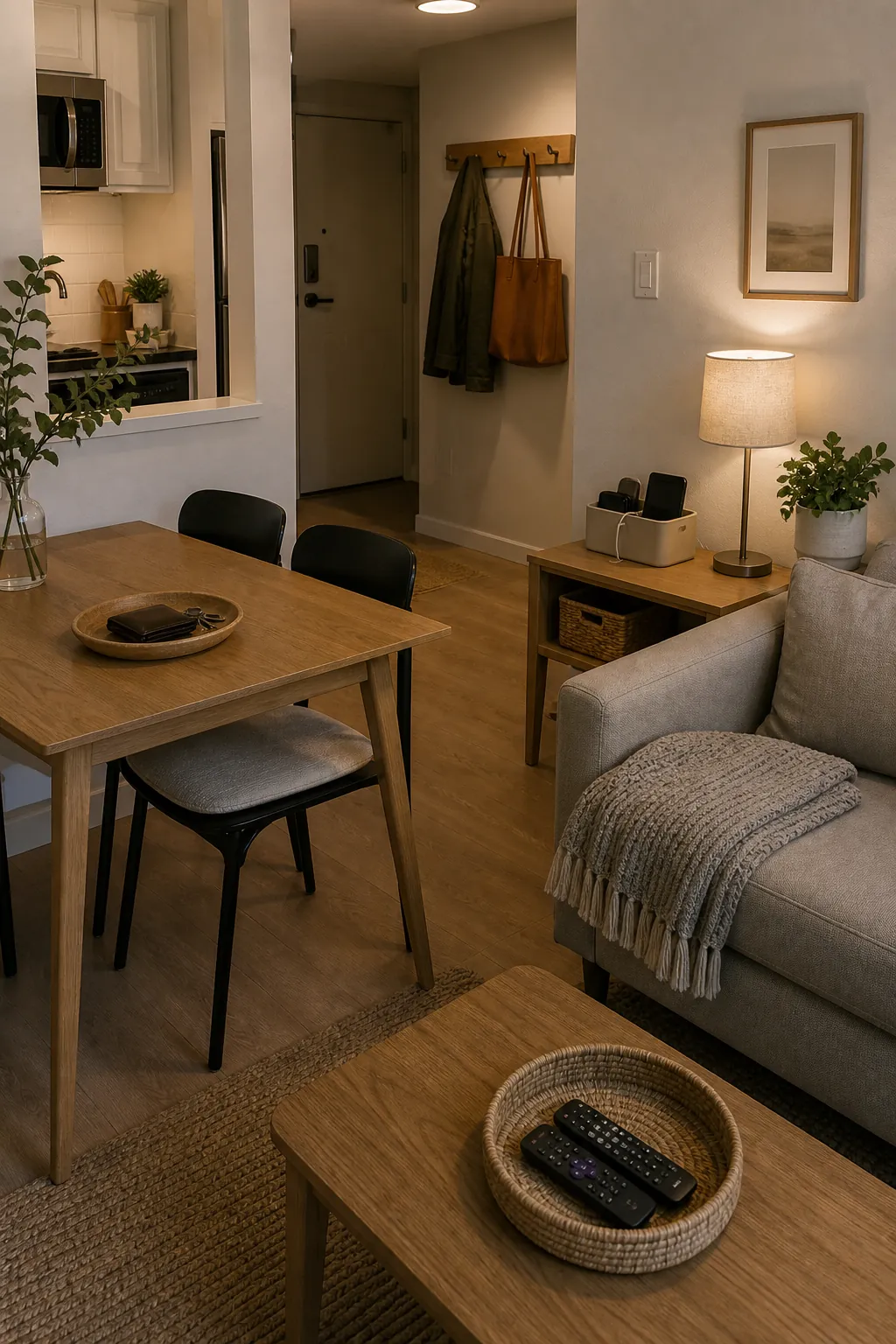 Calm small apartment evening reset with clear table, folded blanket, charging station, and tidy everyday storage