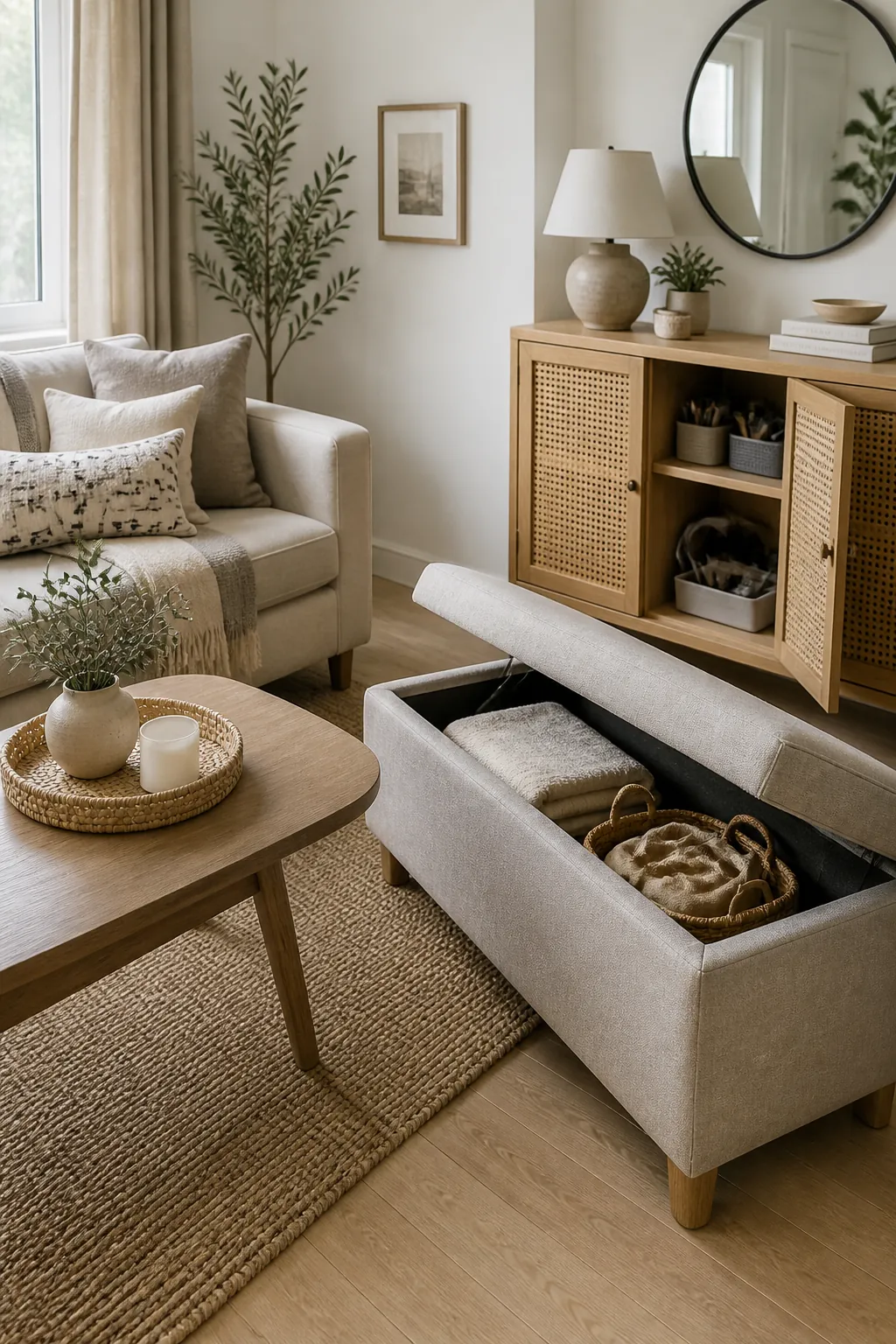 Small living room with a storage bench, closed sideboard, and hidden storage for everyday clutter
