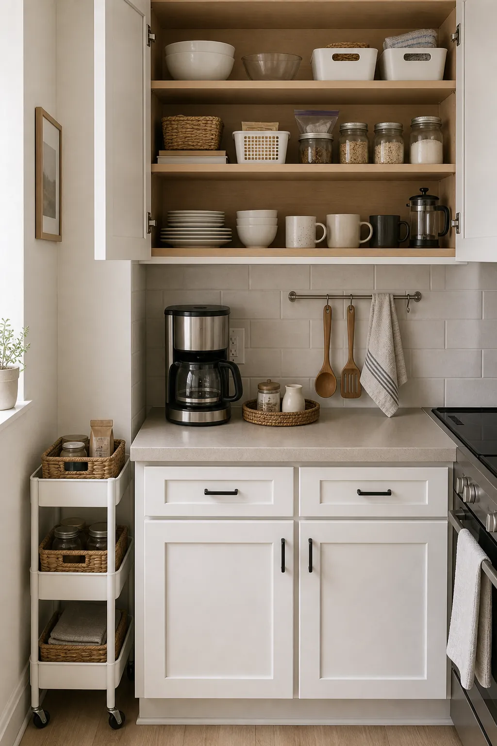 Small kitchen cabinet organized by frequency with everyday dishes, pantry baskets, and occasional items stored higher