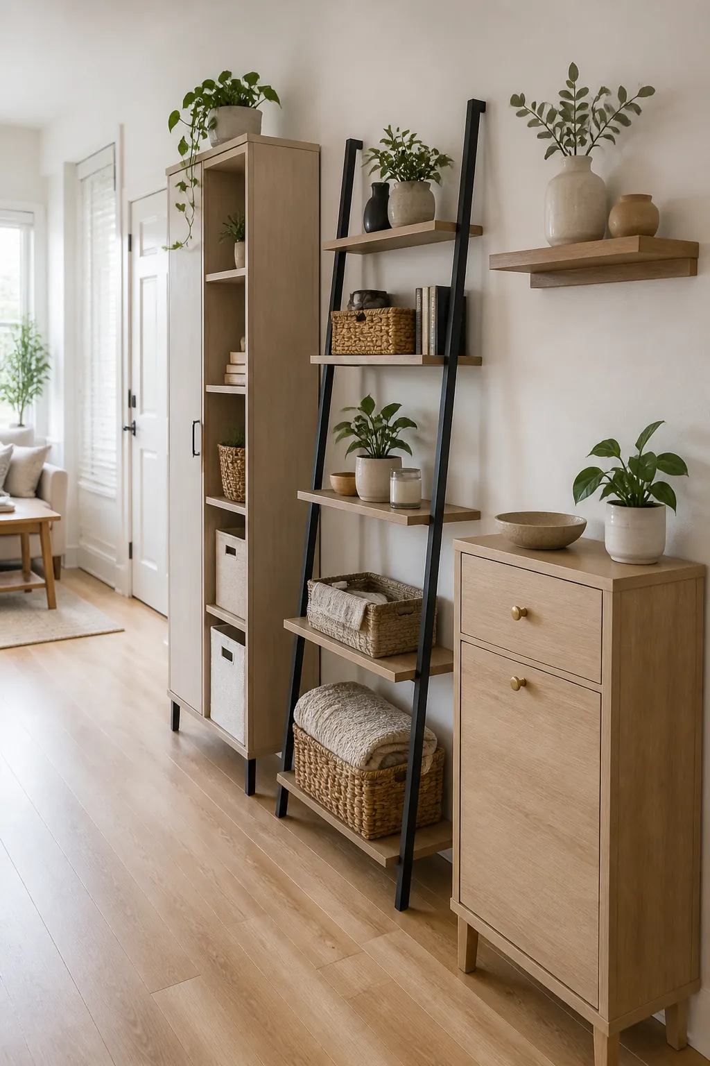 Tall freestanding storage and wall shelves in a small home without built ins