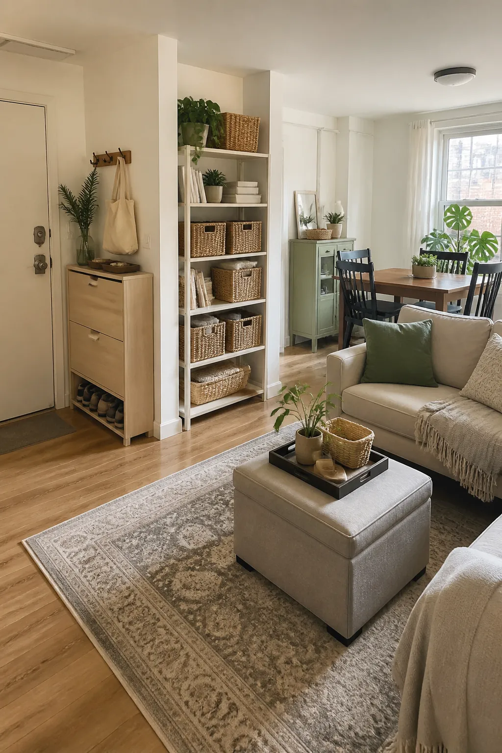 Small space storage zone plan in a compact home without built ins