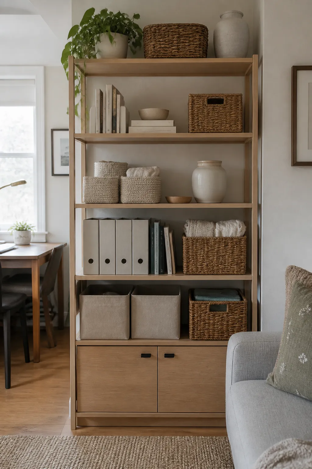 Open shelves organized with baskets for small home storage