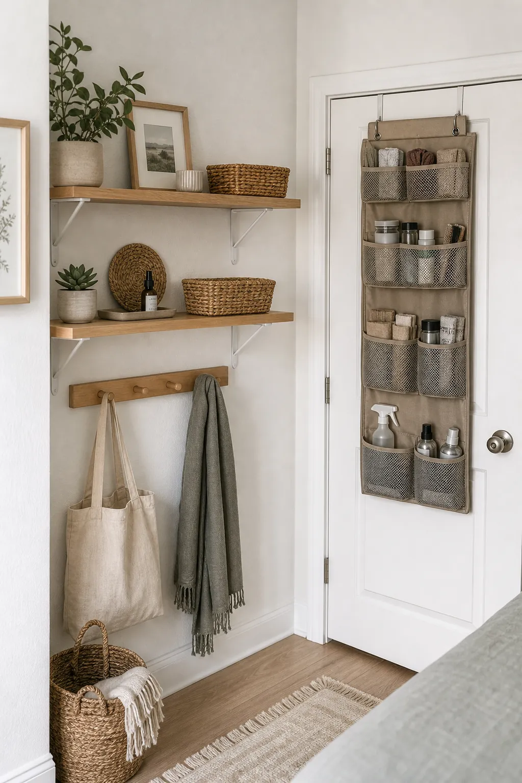 No drill wall shelves and over door storage in a renter friendly apartment