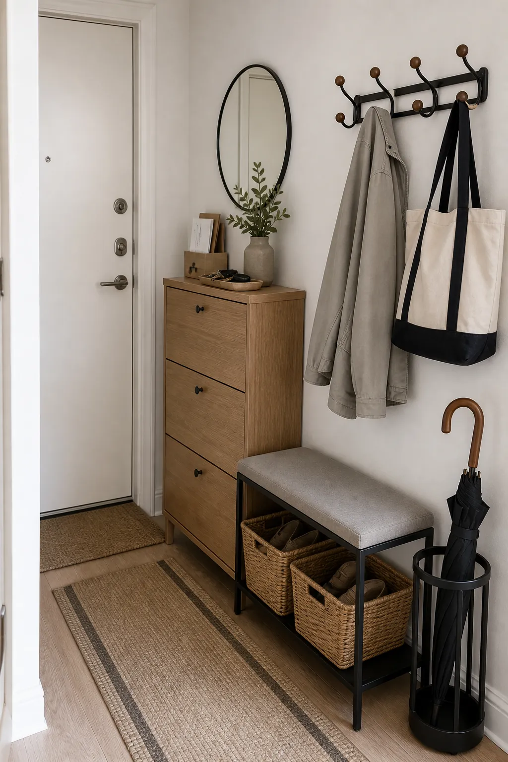 Renter friendly entryway storage with shoe cabinet hooks and narrow bench