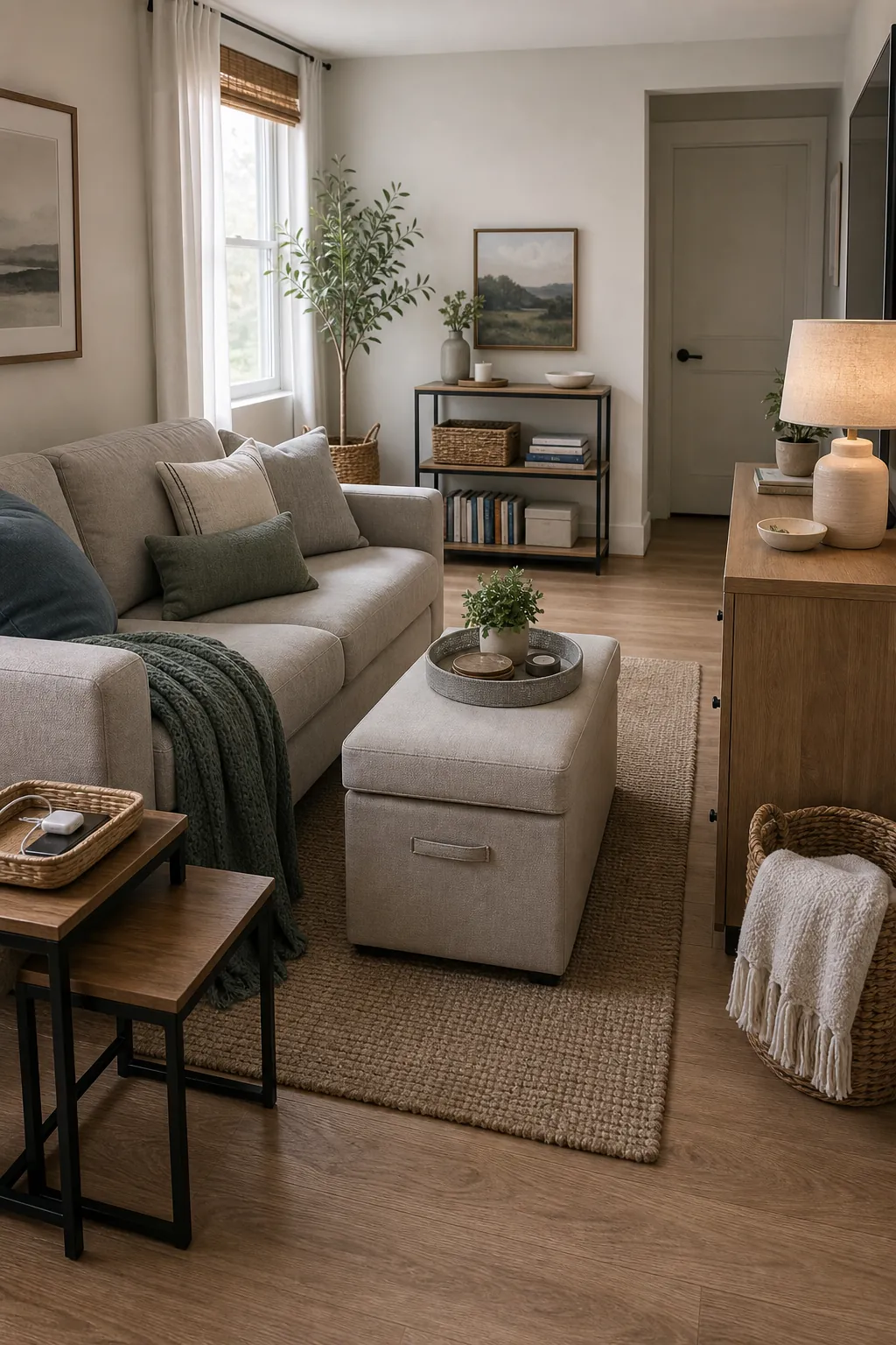 Storage furniture in a small living room with ottoman console and closed cabinet