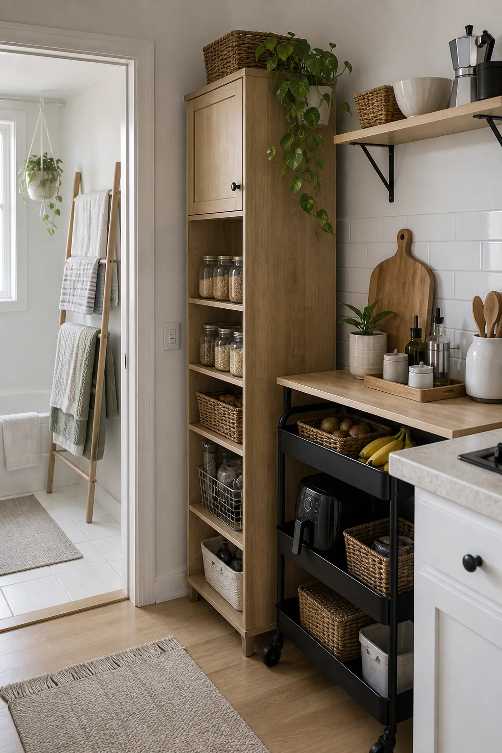 Freestanding kitchen and bathroom storage for a small apartment without built ins