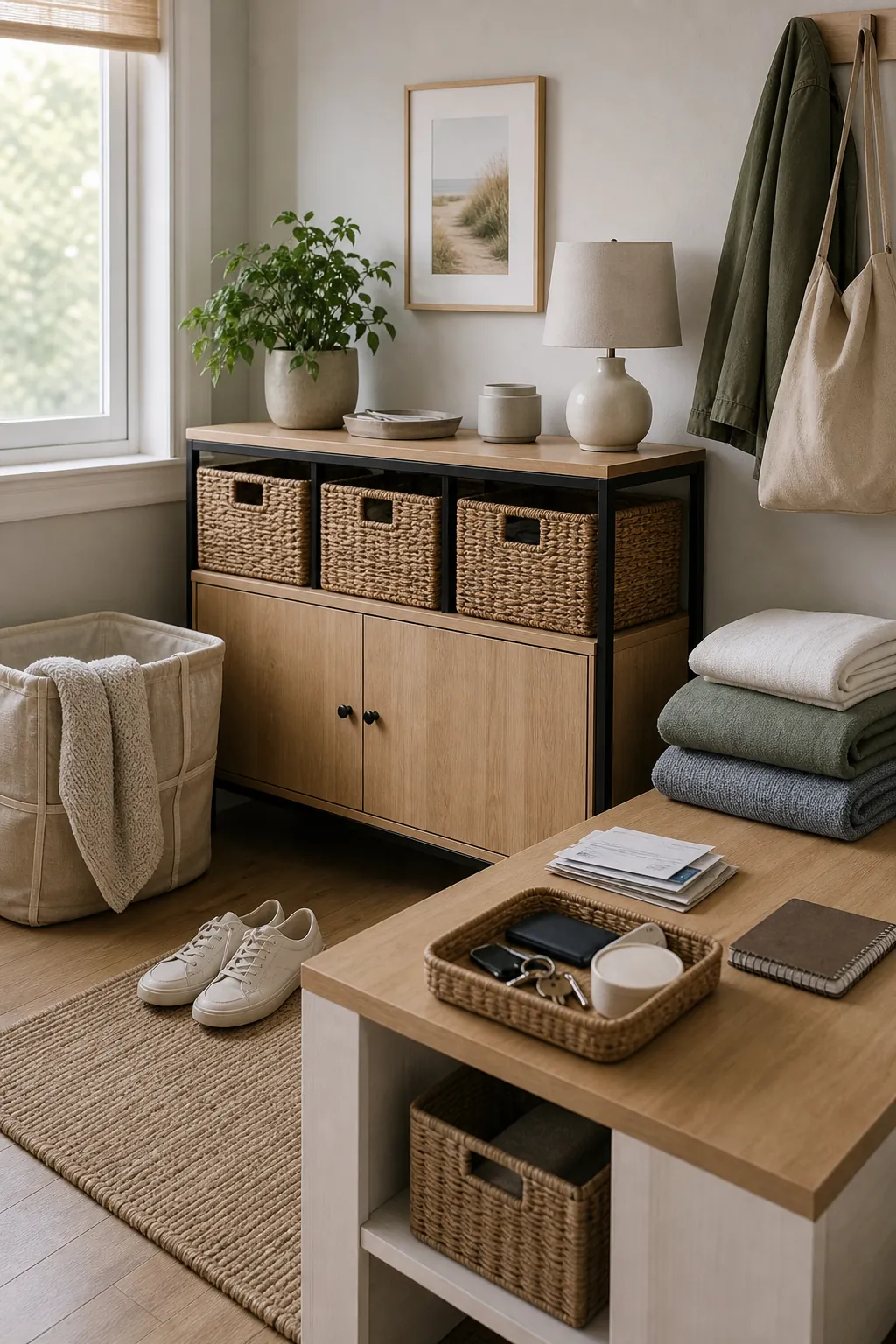 Small home storage maintenance system with labeled baskets and tidy shelves