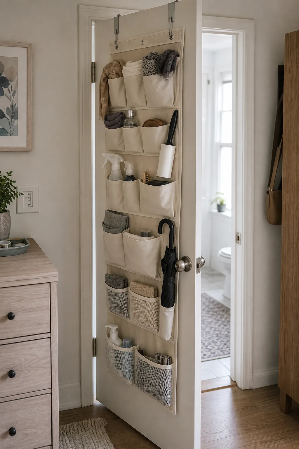 Back of door hidden storage organizer in a small apartment
