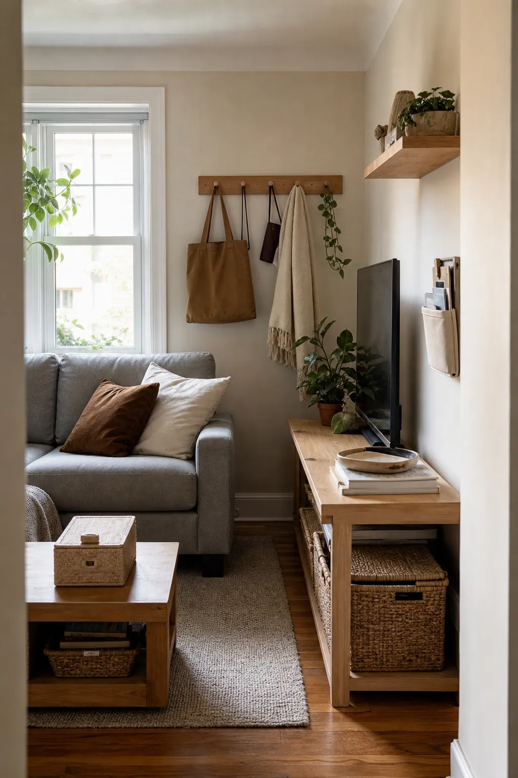 Small living room with wall storage, baskets, and hidden storage without big furniture