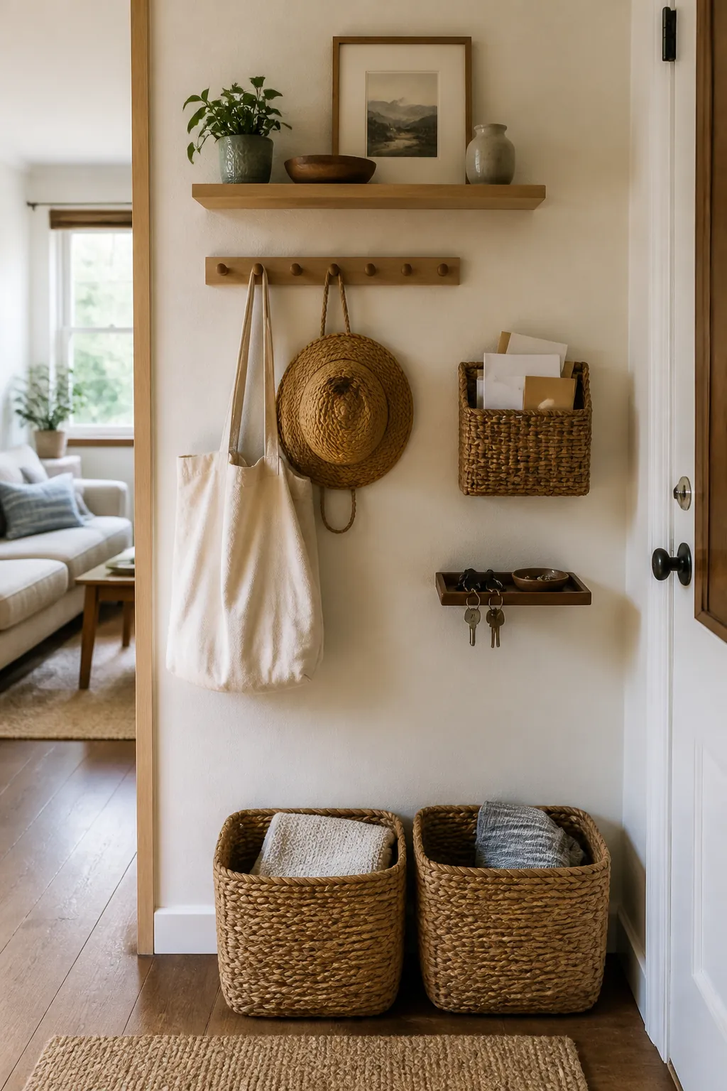 Small home wall storage with hooks, slim shelves, and baskets for daily items