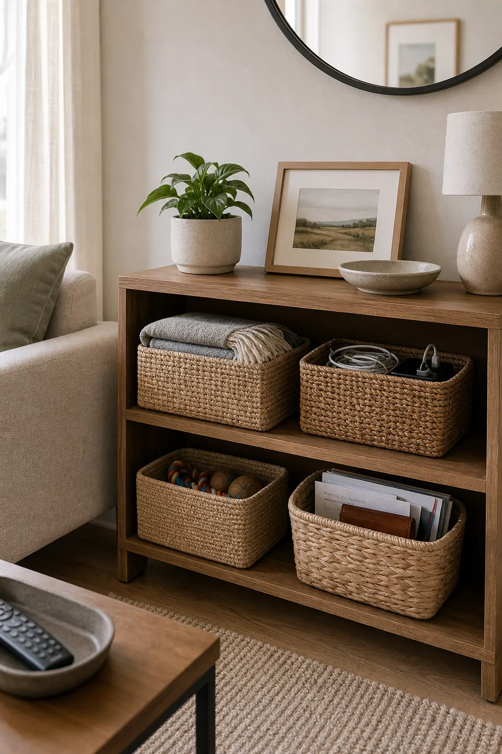 Storage baskets organized by category on a compact shelf
