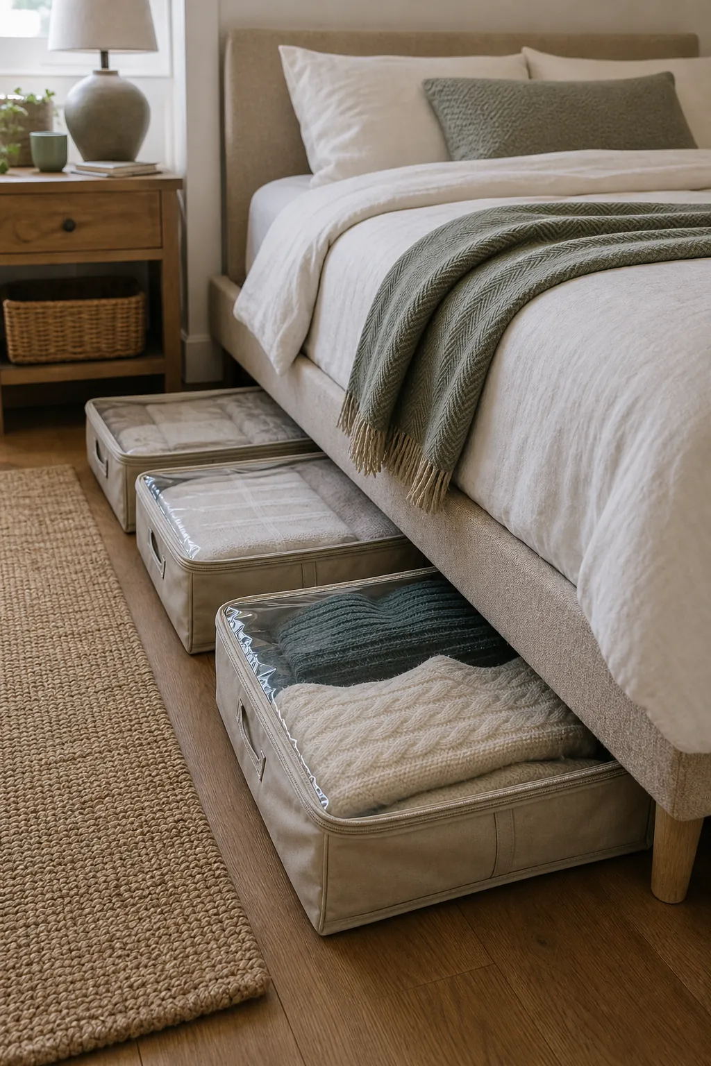 Under bed compact storage bins for seasonal items in a small bedroom