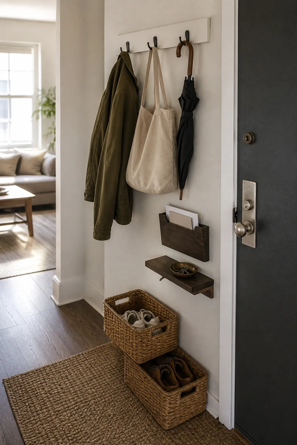 Narrow entryway storage with wall hooks, shoe baskets, and a compact drop zone